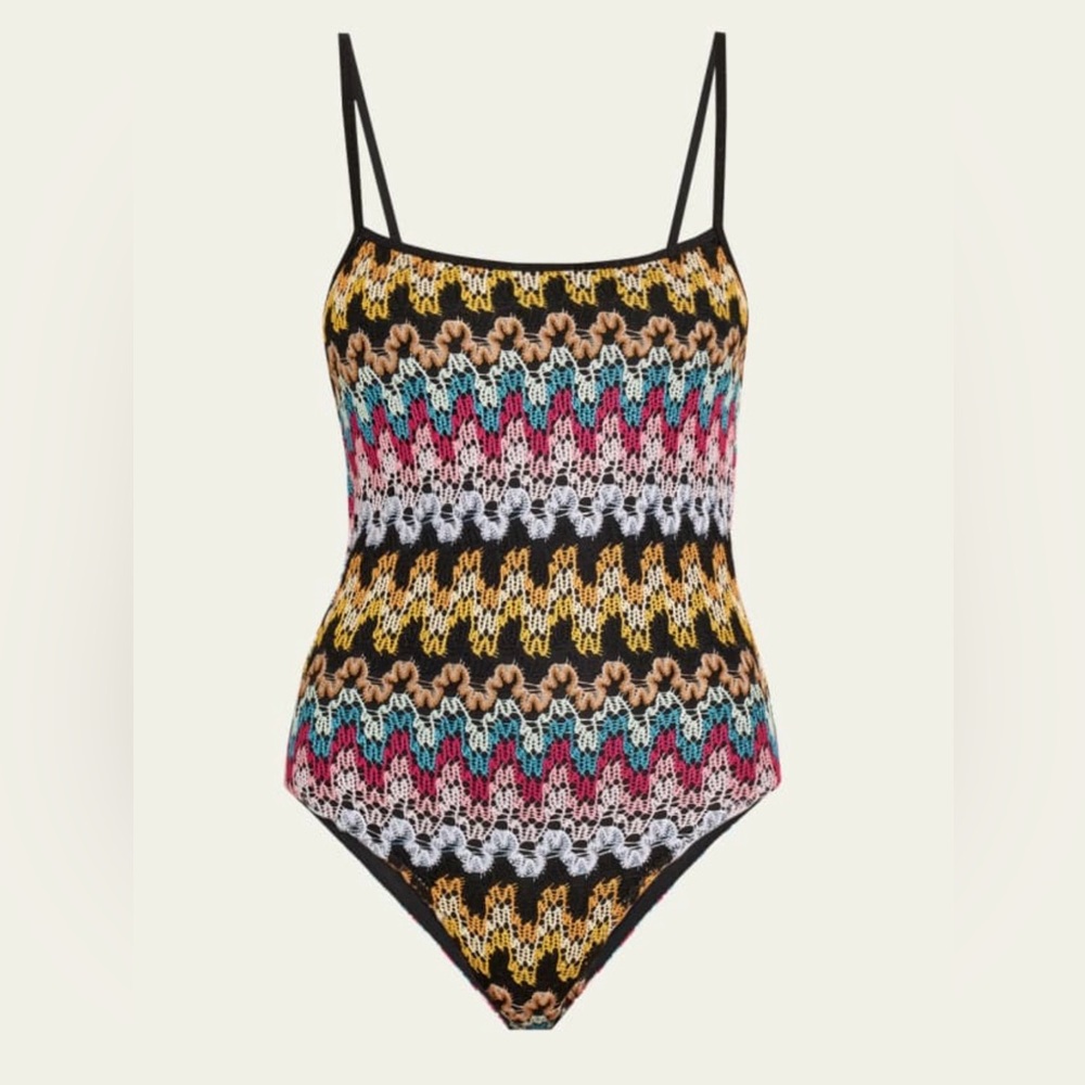 Missoni Zigzag Croshet Knit One Piece Swimsuit - Black, Pink, Blue, Yellow